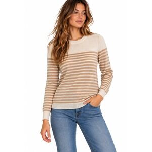 J. McLaughlin Striped Lightweight Sweater Tan Cream Crewneck Women's Lg Preppy